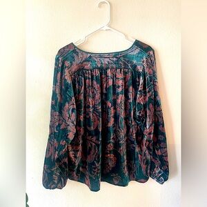 Anthropologie Velvet Teal and Pink Floral Long Sleeve Blouse Women’s Size Medium